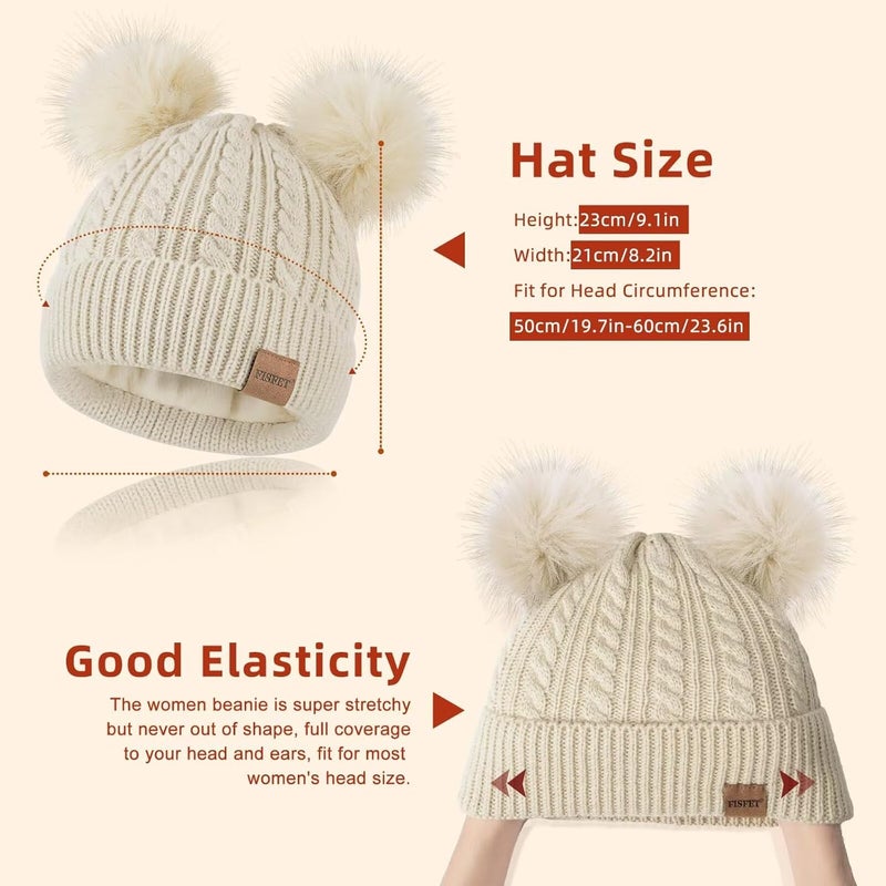 FISFET Beanies Women with Double Pom Pom, Winter Hats for Women Cold Weather Warm Knit Fleece Lined, Cute Beanie Cap - Image 3